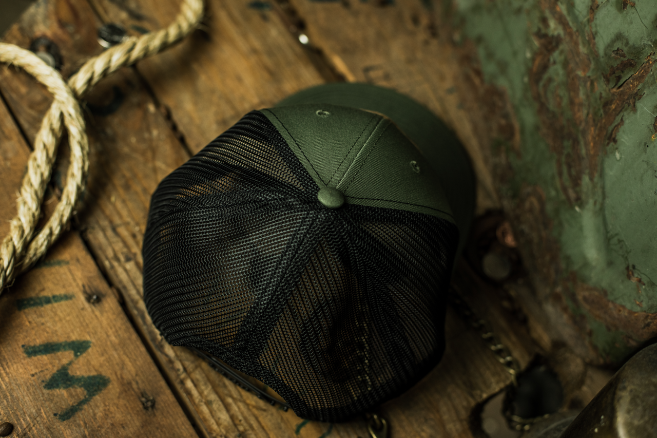 Leather Patch Trucker Hat in Military Olive